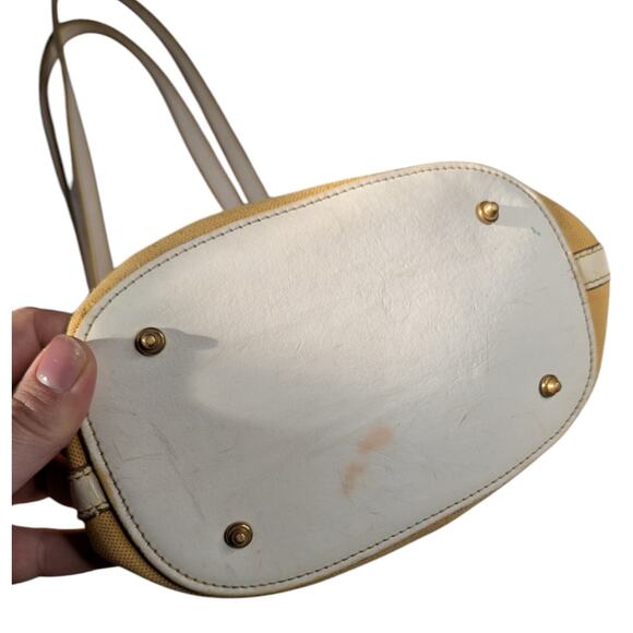 Vtg 1990s Dooney & Bourke Yellow Monogram Canvas Leather Trim Buckle Bucket Bag - Picture 3 of 7